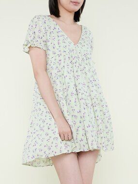 H&M Divided Mint Green Floral Puff Sleeve Mini Dress - XL